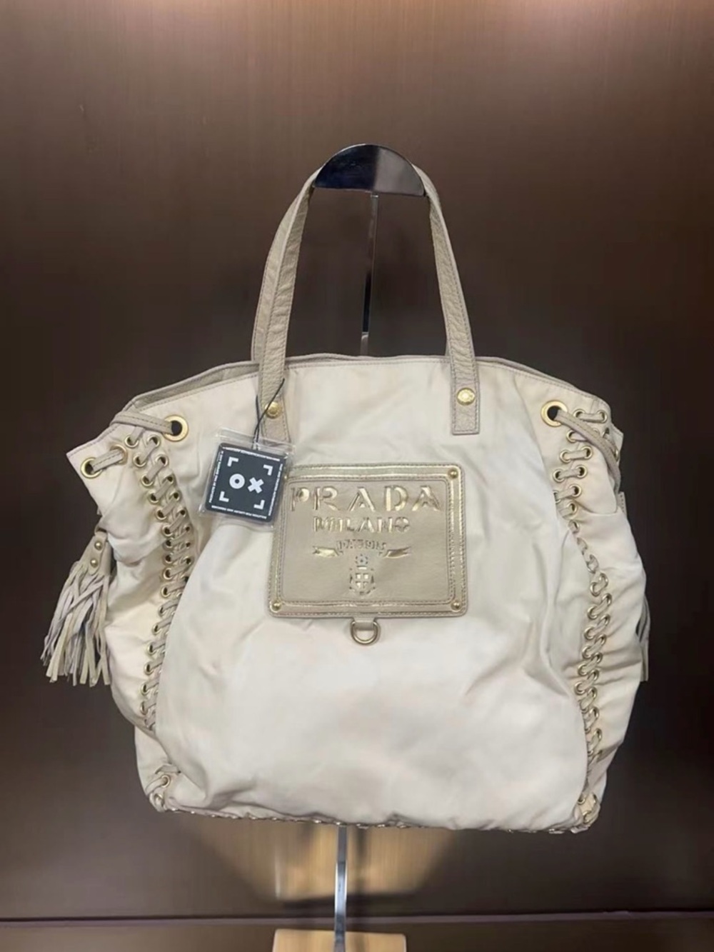 Prada Cream Leather Tote with Tassel & Braided Trim